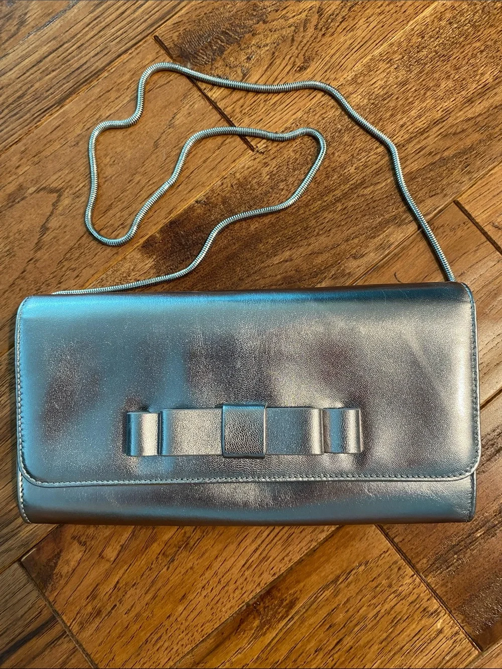 Lauren Ralph Lauren Metallic Silver Leather Bow Clutch with Chain Strap